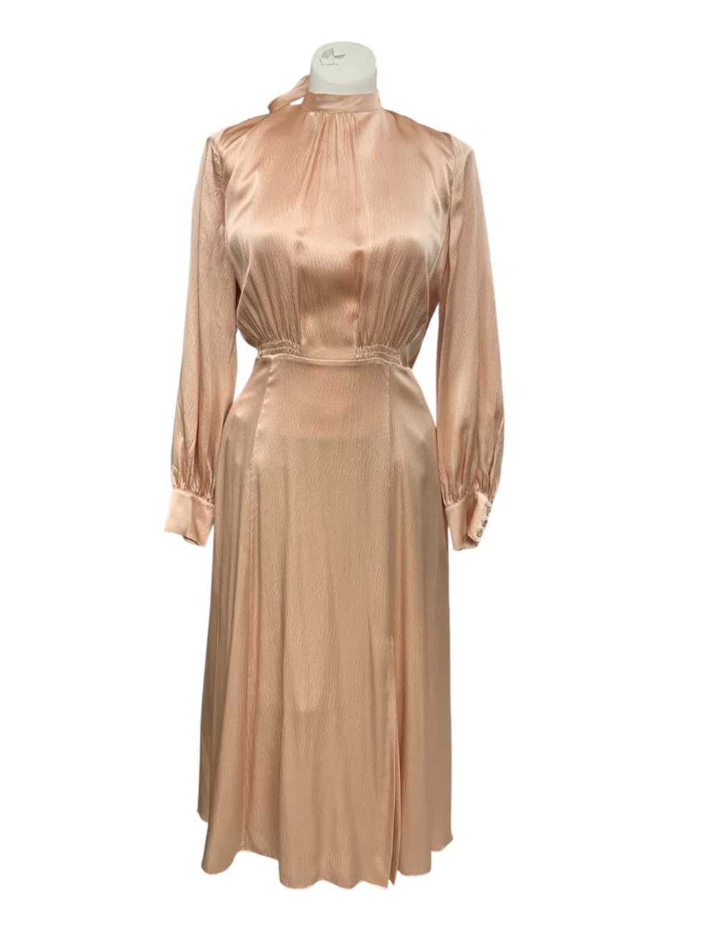 Jaeger NWT High-Neck Long Sleeve Satin Midi Dress in Blush Peach Size L